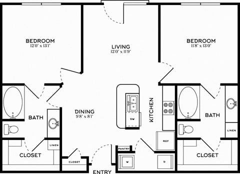 Floor plan for 2 beds, 2 baths, 988 sqft